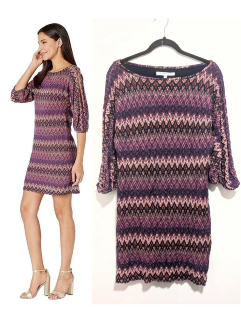 Trina Turk | Nature Chevron Split Sleeve Shift Dress In Purple Multi